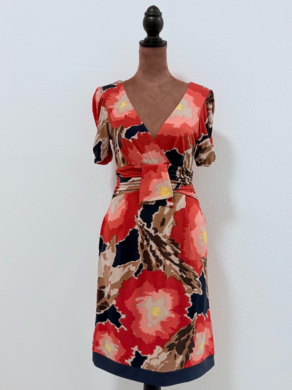 Max & Cleo Coral and Navy Floral Wrap Midi Dress